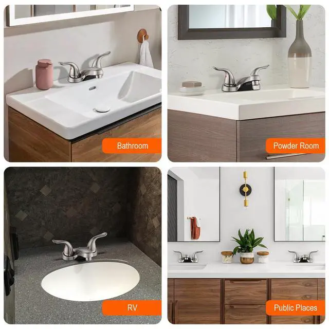 Alt view image 5 of 7 - Bathroom Sink Faucets 2/3 Hole,Brushed Nickel Dual Handles 4 inch Plastic Plating Over Bathroom Faucet with Pop-up Drain and 2 Supply Hoses for Apartment Rvs Sink Vanity