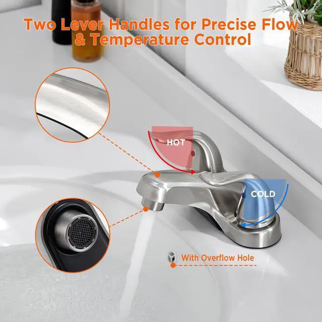 Alt view image 7 of 7 - Bathroom Sink Faucets 2/3 Hole,Brushed Nickel Dual Handles 4 inch Plastic Plating Over Bathroom Faucet with Pop-up Drain and 2 Supply Hoses for Apartment Rvs Sink Vanity