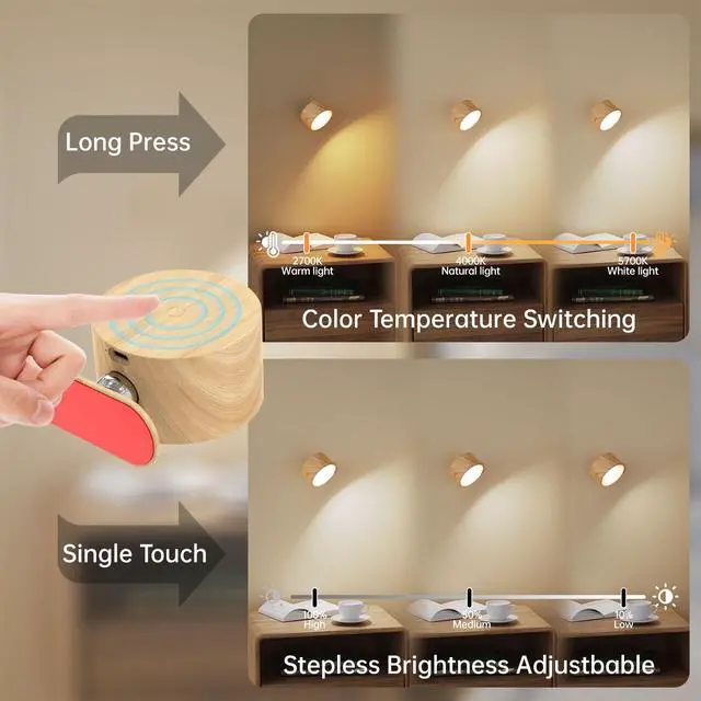 Alt view image 2 of 5 - Battery Operated Wall Sconces Set of 2, Magnetic Cordless LED Wall Lights with 3 Color Temp & Dimmable Touch Control, 360° Rotating Rechargeable Wall Lamp, Reading Light for Bedroom & Bedside