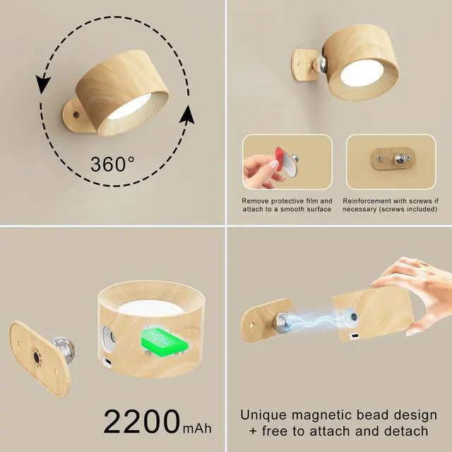 Alt view image 4 of 5 - Battery Operated Wall Sconces Set of 2, Magnetic Cordless LED Wall Lights with 3 Color Temp & Dimmable Touch Control, 360° Rotating Rechargeable Wall Lamp, Reading Light for Bedroom & Bedside