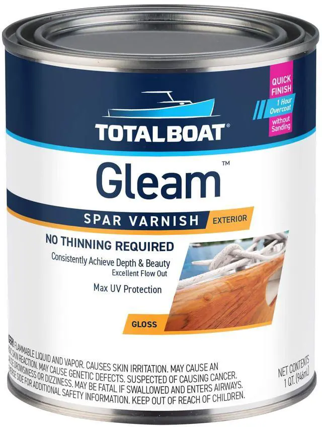 Main image of Gleam Marine Spar Varnish for Boats & Outdoor Wood - Gloss Quart | Oil-Based Polyurethane Finish; No Thinning; UV Inhibitors; Wooden Boats, Yacht Brightwork, Furniture & Interior/Exterior Wood