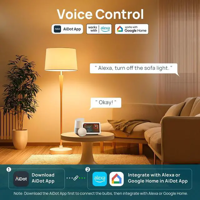 Alt view image 4 of 7 - Smart Light Bulbs, Compatible with Alexa, Google Home, AiDot | Warm White to Daylight (2700K-6500K), Alexa Light Bulbs, LED 8.5W=60W, 2.4G WiFi Bluetooth, A19 E26 800LM, CRI>90, 4Pack