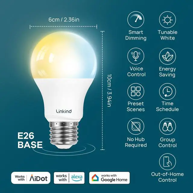 Alt view image 6 of 7 - Smart Light Bulbs, Compatible with Alexa, Google Home, AiDot | Warm White to Daylight (2700K-6500K), Alexa Light Bulbs, LED 8.5W=60W, 2.4G WiFi Bluetooth, A19 E26 800LM, CRI>90, 4Pack