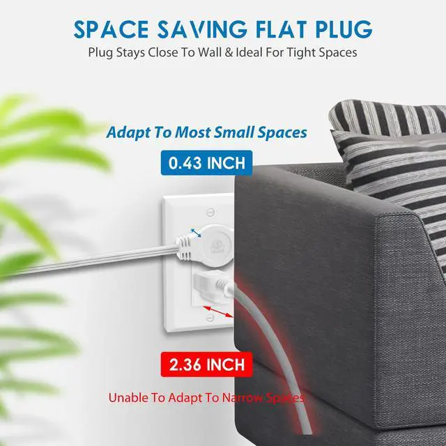 Alt view image 3 of 7 - 12 FT Twin Extension Cord Power Strip, 3 Prong Flat Plug, White