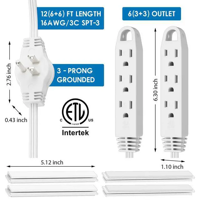 Alt view image 7 of 7 - 12 FT Twin Extension Cord Power Strip, 3 Prong Flat Plug, White