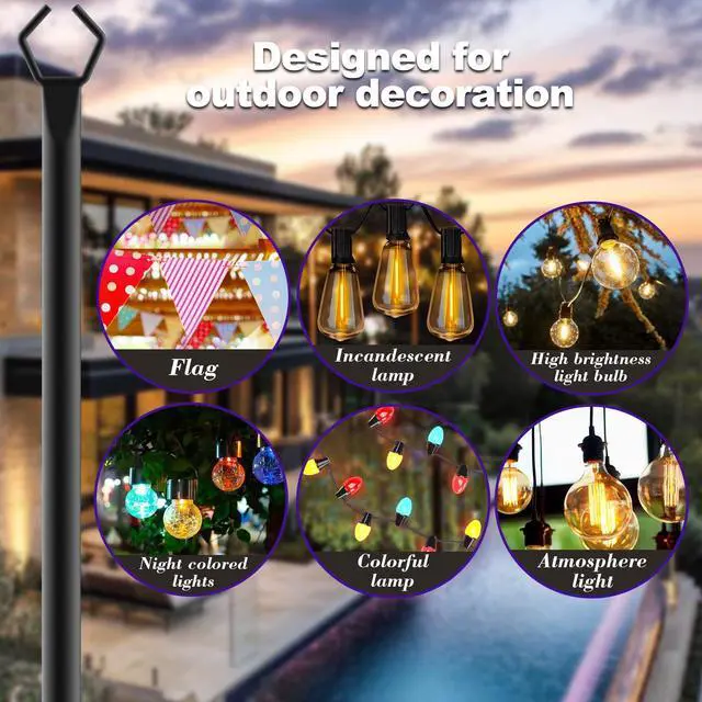Alt view image 3 of 7 - 4 Pack 10Ft String Light Poles,Light Poles for Outside Lights with Fork,Outdoor Brackets Hanging Lights,Metal Stand for Deck Patio,Backyard,Wedding,Deck,Party
