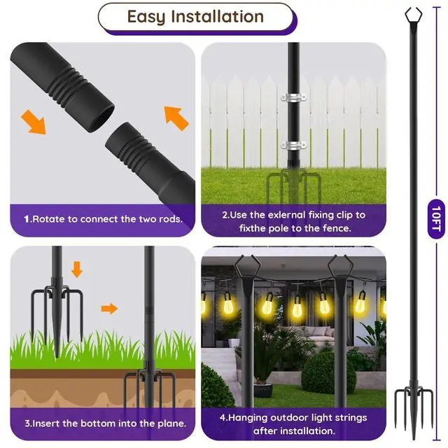 Alt view image 7 of 7 - 4 Pack 10Ft String Light Poles,Light Poles for Outside Lights with Fork,Outdoor Brackets Hanging Lights,Metal Stand for Deck Patio,Backyard,Wedding,Deck,Party
