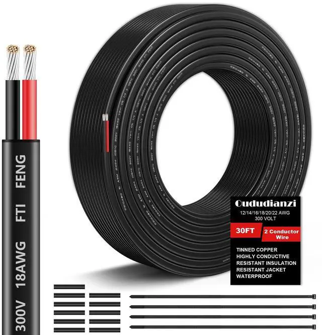 Main image of 18 Gauge Wire 2 Conductor Electrical Wire, 18 AWG Wire Stranded PVC Cord, 12V Low Voltage/Oxygen-Free Tinned Copper/Flexible 18/2 Cable for Automotive Marine LED Strips Lamps Lighting (30FT/ 9M)