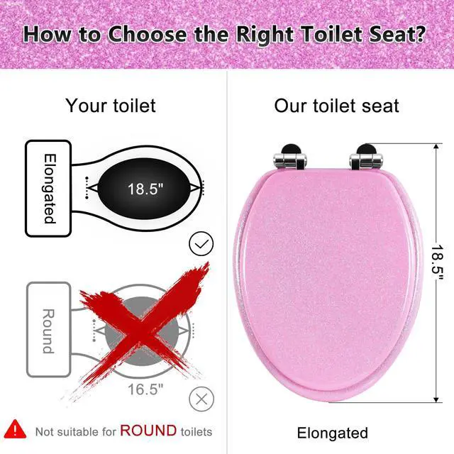 Alt view image 2 of 7 - Glitter Toilet Seat Molded Wood Elongated Toilet Seat with Quietly Close and Quick Release Hinges, Easy to Clean also Easy to Install (Elongated 18.5'', Pink)