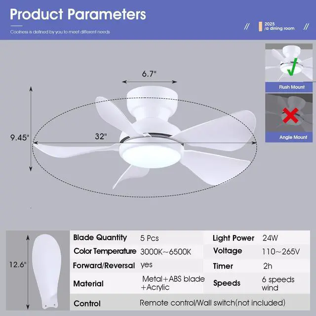 Alt view image 5 of 7 - 32 In Small Ceiling Fan with Light Remote Control Dimmable, White | Low Profile Flush Mount,Small Ceiling Fans,5 Reversible Propeller Blades,3 CCT Dimmable LED Lights,6 Speeds for Farmhouse