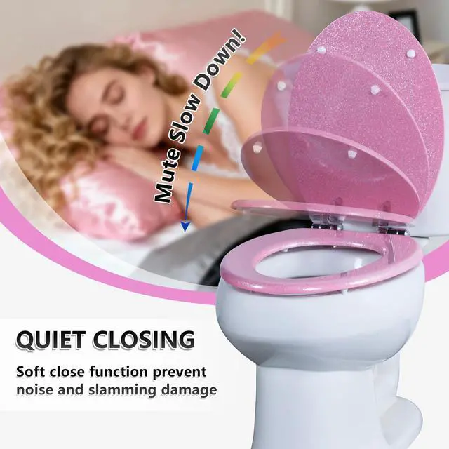 Alt view image 3 of 7 - Glitter Toilet Seat Molded Wood Elongated Toilet Seat with Quietly Close and Quick Release Hinges, Easy to Clean also Easy to Install (Elongated 18.5'', Pink)