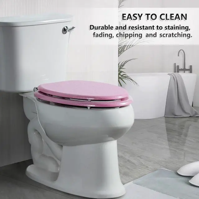 Alt view image 4 of 7 - Glitter Toilet Seat Molded Wood Elongated Toilet Seat with Quietly Close and Quick Release Hinges, Easy to Clean also Easy to Install (Elongated 18.5'', Pink)