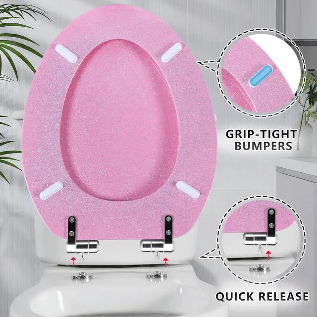 Alt view image 5 of 7 - Glitter Toilet Seat Molded Wood Elongated Toilet Seat with Quietly Close and Quick Release Hinges, Easy to Clean also Easy to Install (Elongated 18.5'', Pink)