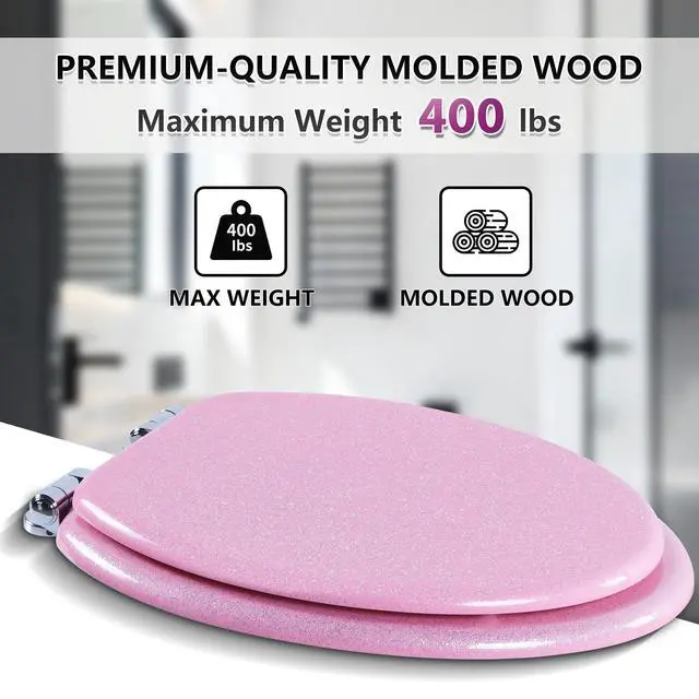 Alt view image 6 of 7 - Glitter Toilet Seat Molded Wood Elongated Toilet Seat with Quietly Close and Quick Release Hinges, Easy to Clean also Easy to Install (Elongated 18.5'', Pink)