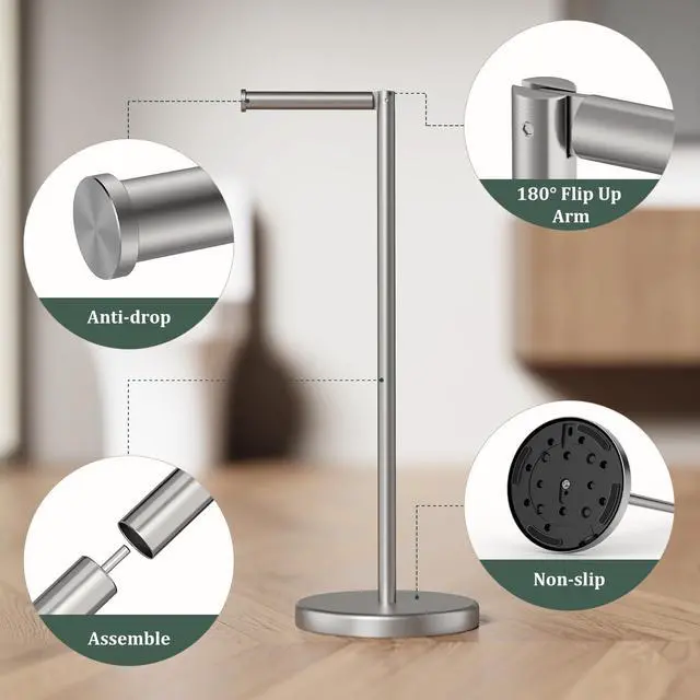 Alt view image 7 of 7 - Brushed Nickel Toilet Paper Holder Stand Free Standing Tissue Roll Holder | Freestanding Toilet Paper Stand Storage for Bathroom 304 Stainless Steel Rustproof for 4 Rolls(Fits All Rolls) by