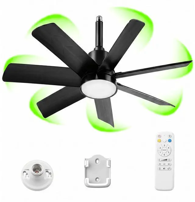 Main image of 28 Inch Socket Fan Light with Remote Control, Screw in E26/E27 Ceiling Fan with LED Light, 3000-6000K Dimmable Color Temp, 6 Speeds, Timer, for Bedroom Kitchen Living Room Garage, Black