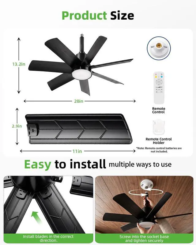Alt view image 2 of 7 - 28 Inch Socket Fan Light with Remote Control, Screw in E26/E27 Ceiling Fan with LED Light, 3000-6000K Dimmable Color Temp, 6 Speeds, Timer, for Bedroom Kitchen Living Room Garage, Black