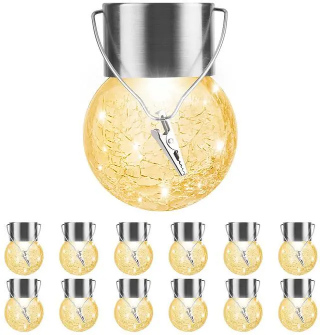 Main image of Solar Outdoor Lights Decorative 12 Pack, Hanging Solar Garden Lights Waterproof, Solar Powered Globe Cracked Glass Ball Lantern for Yard Patio Fence Tree Umbrella Holiday Decoration, Warm White