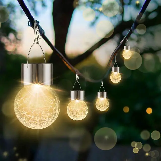 Alt view image 2 of 7 - Solar Outdoor Lights Decorative 12 Pack, Hanging Solar Garden Lights Waterproof, Solar Powered Globe Cracked Glass Ball Lantern for Yard Patio Fence Tree Umbrella Holiday Decoration, Warm White
