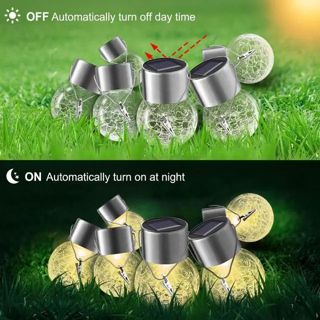 Alt view image 4 of 7 - Solar Outdoor Lights Decorative 12 Pack, Hanging Solar Garden Lights Waterproof, Solar Powered Globe Cracked Glass Ball Lantern for Yard Patio Fence Tree Umbrella Holiday Decoration, Warm White