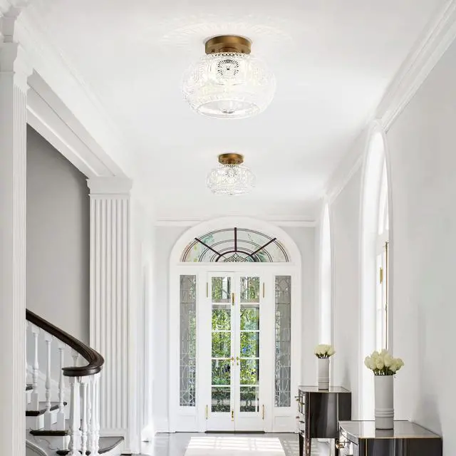 Alt view image 2 of 7 - Globe Glass Semi Flush Mount Ceiling Light Fixture, Vintage Gold | Beautiful Light Shadow, Easy to Install, Bright Ambiance, Modern Lighting for Hallway Entryway Kitchen Bathroom Bedroom