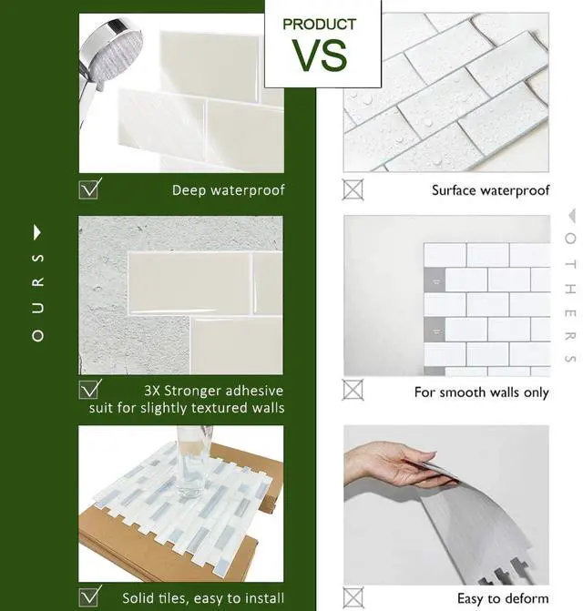 Alt view image 6 of 7 - 10-Sheet Subway Tile Peel and Stick Backsplash, Self Adhesive Vinyl Wall Tiles, Stick on Backsplash for Kitchen and Bathroom(Thicker Design)