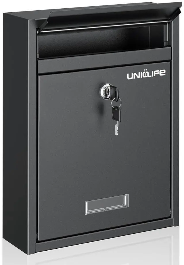 Main image of Wall Mount Mailbox for Outside, Locking Mail Box, Black | Large Mailbox with Key Lock, Security Mail Box for House, Safe Key Drop Box, Steel Cash Drop Box for Home Office School