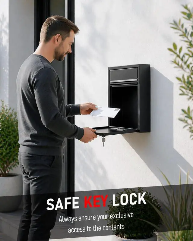Alt view image 2 of 6 - Wall Mount Mailbox for Outside, Locking Mail Box, Black | Large Mailbox with Key Lock, Security Mail Box for House, Safe Key Drop Box, Steel Cash Drop Box for Home Office School