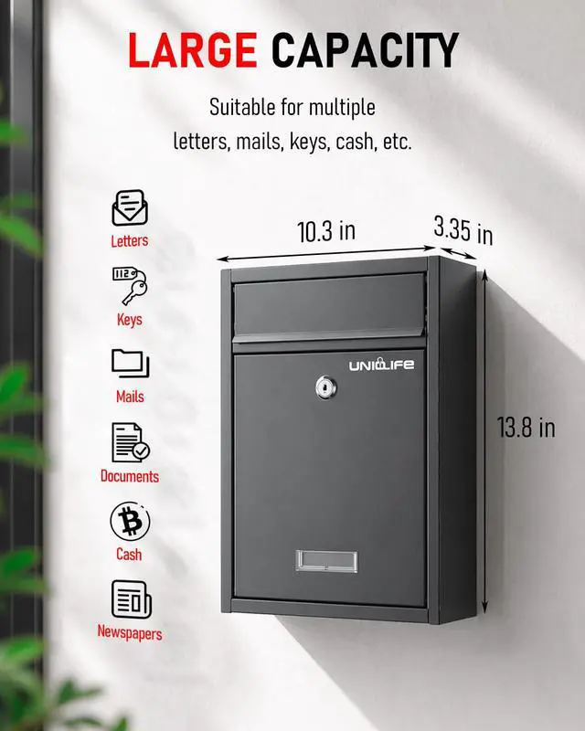 Alt view image 3 of 6 - Wall Mount Mailbox for Outside, Locking Mail Box, Black | Large Mailbox with Key Lock, Security Mail Box for House, Safe Key Drop Box, Steel Cash Drop Box for Home Office School