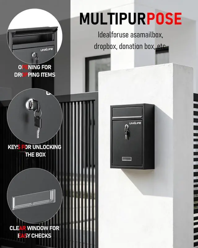 Alt view image 4 of 6 - Wall Mount Mailbox for Outside, Locking Mail Box, Black | Large Mailbox with Key Lock, Security Mail Box for House, Safe Key Drop Box, Steel Cash Drop Box for Home Office School