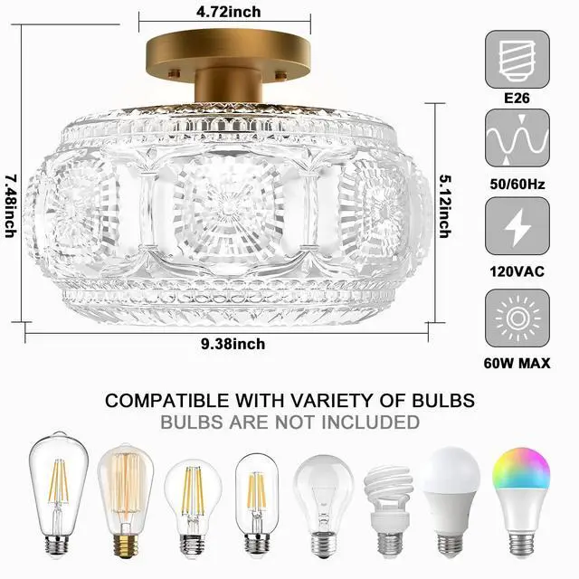 Alt view image 3 of 7 - Globe Glass Semi Flush Mount Ceiling Light Fixture, Vintage Gold | Beautiful Light Shadow, Easy to Install, Bright Ambiance, Modern Lighting for Hallway Entryway Kitchen Bathroom Bedroom