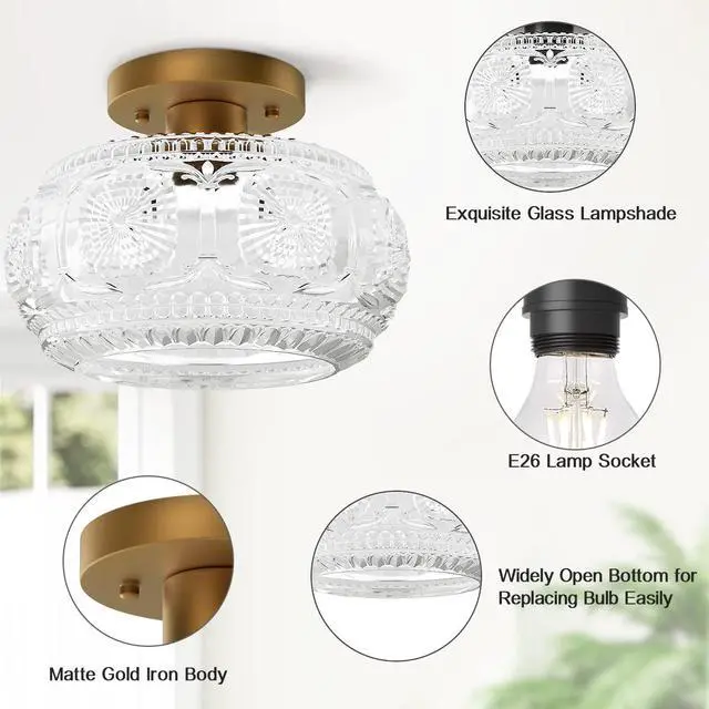 Alt view image 4 of 7 - Globe Glass Semi Flush Mount Ceiling Light Fixture, Vintage Gold | Beautiful Light Shadow, Easy to Install, Bright Ambiance, Modern Lighting for Hallway Entryway Kitchen Bathroom Bedroom