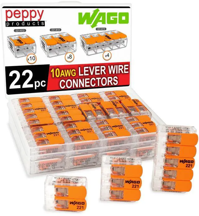 Main image of WAGO 221-61x Lever Nuts 22pc 10AWG Lever Wire Connector Assortment Kit | Splicing for Solid and Stranded Electrical Conductors | Includes 221-612, 221-613, 221-615 with Case