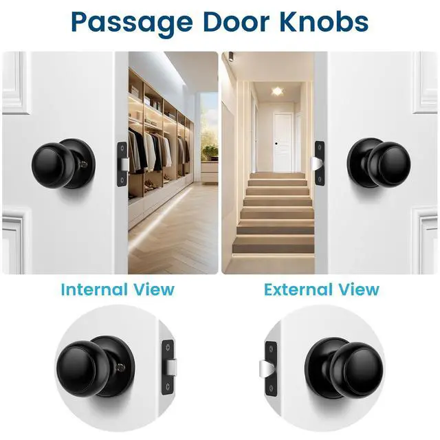 Alt view image 2 of 7 - Passage Door Knobs, 10 Pack Matte Black Door Knobs, Hallway Closet Non-Locking Interior Doorknobs, Round Door Handles Keyless Reversible for Left/Right Handed Doors