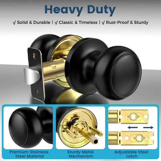 Alt view image 3 of 7 - Passage Door Knobs, 10 Pack Matte Black Door Knobs, Hallway Closet Non-Locking Interior Doorknobs, Round Door Handles Keyless Reversible for Left/Right Handed Doors