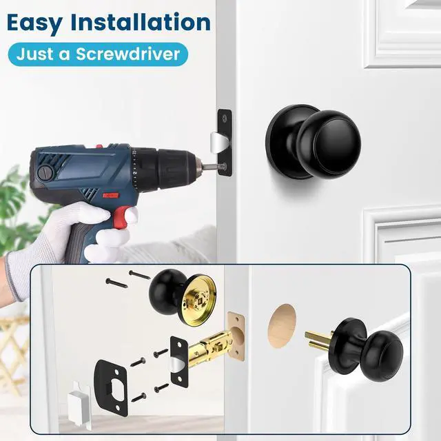 Alt view image 4 of 7 - Passage Door Knobs, 10 Pack Matte Black Door Knobs, Hallway Closet Non-Locking Interior Doorknobs, Round Door Handles Keyless Reversible for Left/Right Handed Doors