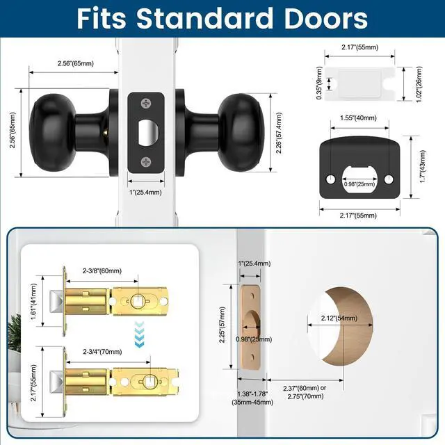 Alt view image 6 of 7 - Passage Door Knobs, 10 Pack Matte Black Door Knobs, Hallway Closet Non-Locking Interior Doorknobs, Round Door Handles Keyless Reversible for Left/Right Handed Doors