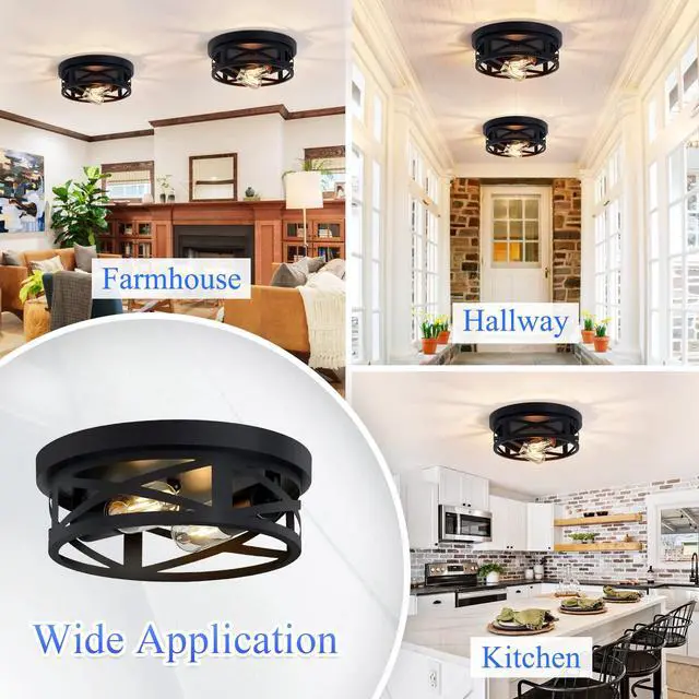 Alt view image 3 of 6 - Flush Mount Ceiling Light Fixture,Black 2-Light Hallway Light Fixtures Ceiling,Light Fixtures Ceiling Mount for Farmhouse,Kitchen,Hall,Bedroom,Bathroom (2 Pack)