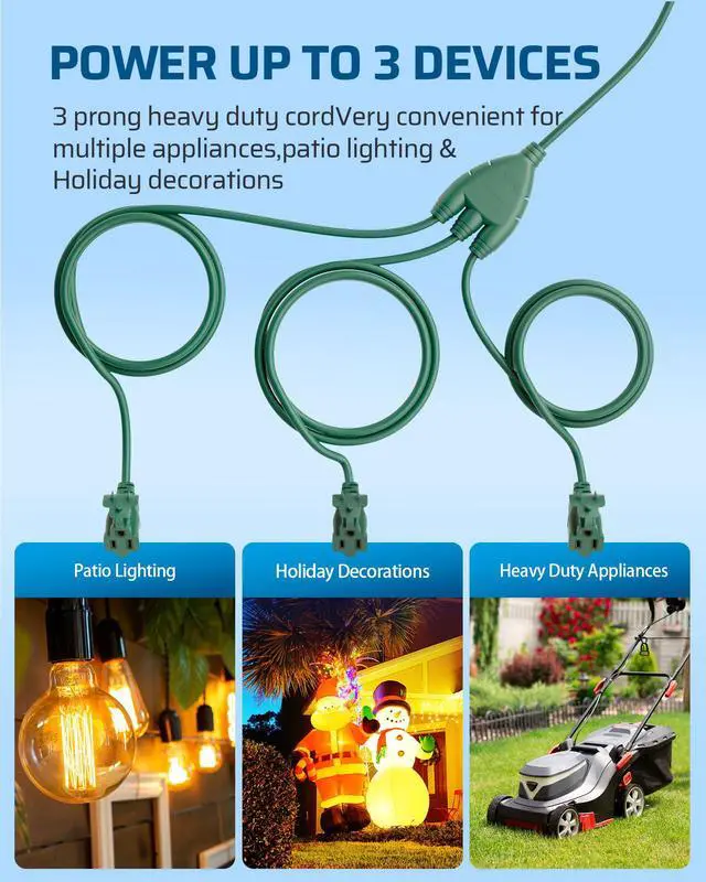 Alt view image 6 of 7 - 40FT (22+6*3), 1 to 3 Splitter Outlets, 3 Prong Outlets, Green | 16/3C SJTW Extension Cord, Safety Outlet Covers, Weatherproof for Outdoor String Lights, Christmas Tree, ETL Listed