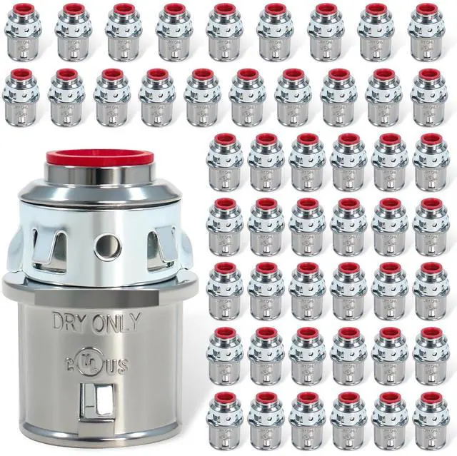 Main image of 50 Pack MC Connectors, 3/8" Snap in Connectors for 1/2" Knockouts | Fits 14/2-10/3 MC, AC or HCF Steel and Aluminum Cables, Zinc Die-Cast Body with Red Insulating Bushing for Metal Boxes