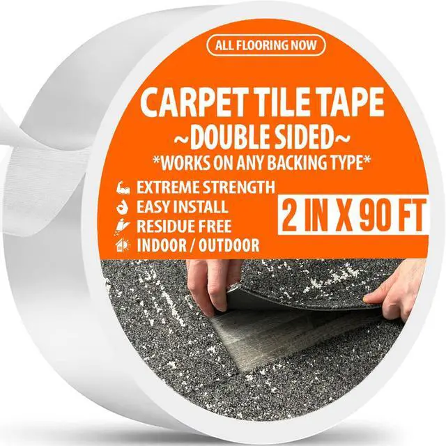 Main image of Carpet Tile Tape Double Sided 2in x 90ft - Heavy Duty Reinforced Web Mesh & Residue Free - Indoor Outdoor for Carpet Tiles, Hardwood, Vinyl, Rugs, Carpet, Rubber, Turf & Mat Gripper