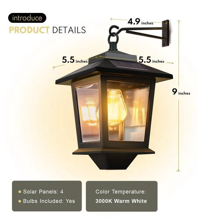 Alt view image 7 of 7 - 2 Pack Solar Wall Lanterns,Outdoor Hanging Lights with 4 Solar Panels,Dusk to Dawn Led Outdoor Wall Sconce, Anti-Rust Waterproof Lanterns with Hooks,3000K Warm White