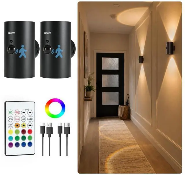 Main image of Motion Sensor Wall Lights with Remote, Rechargeable, Peel and Stick | 3 Color Temps, 12 RGB Colors, Wireless, Magentic, 2 Pack LED Sconces for Hallway, Living Room