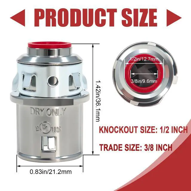 Alt view image 2 of 7 - 50 Pack MC Connectors, 3/8" Snap in Connectors for 1/2" Knockouts | Fits 14/2-10/3 MC, AC or HCF Steel and Aluminum Cables, Zinc Die-Cast Body with Red Insulating Bushing for Metal Boxes