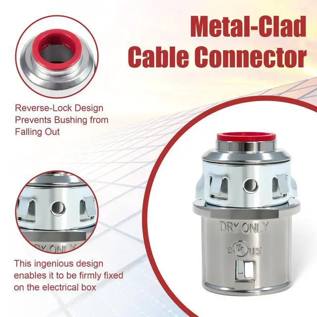 Alt view image 3 of 7 - 50 Pack MC Connectors, 3/8" Snap in Connectors for 1/2" Knockouts | Fits 14/2-10/3 MC, AC or HCF Steel and Aluminum Cables, Zinc Die-Cast Body with Red Insulating Bushing for Metal Boxes