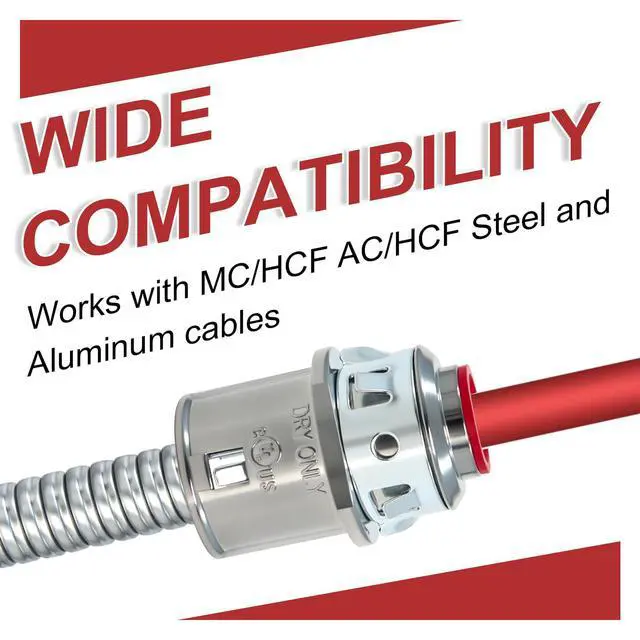 Alt view image 4 of 7 - 50 Pack MC Connectors, 3/8" Snap in Connectors for 1/2" Knockouts | Fits 14/2-10/3 MC, AC or HCF Steel and Aluminum Cables, Zinc Die-Cast Body with Red Insulating Bushing for Metal Boxes