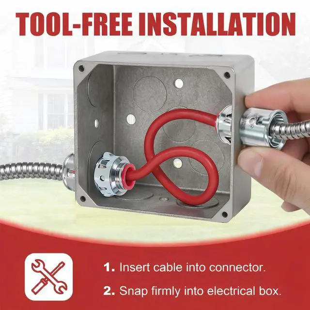 Alt view image 5 of 7 - 50 Pack MC Connectors, 3/8" Snap in Connectors for 1/2" Knockouts | Fits 14/2-10/3 MC, AC or HCF Steel and Aluminum Cables, Zinc Die-Cast Body with Red Insulating Bushing for Metal Boxes