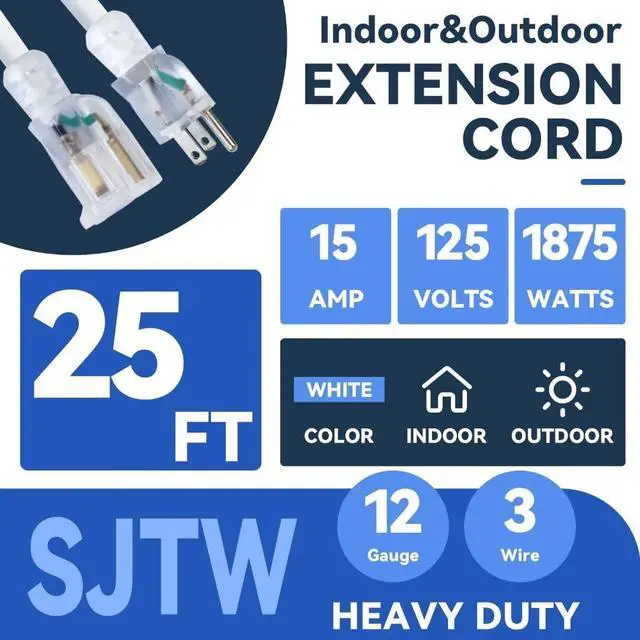 Alt view image 2 of 7 - Indoor Outdoor Extension Cord, 12 Gauge 3 Prong Weatherproof Heavy Duty White Extension Cord with Lighted Indicator EndSJTW 15A 25FT Extension Cable for Garage, Garden and Home, UL Listed