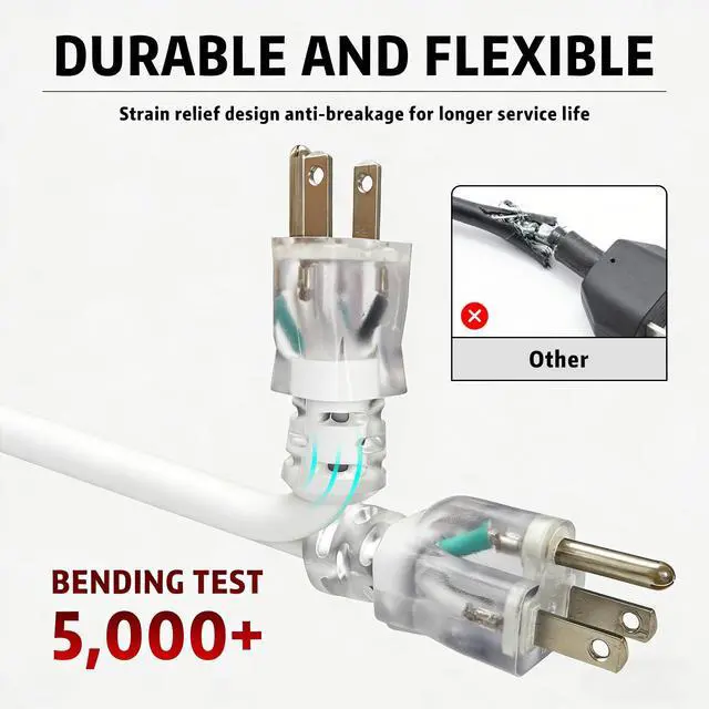 Alt view image 3 of 7 - Indoor Outdoor Extension Cord, 12 Gauge 3 Prong Weatherproof Heavy Duty White Extension Cord with Lighted Indicator EndSJTW 15A 25FT Extension Cable for Garage, Garden and Home, UL Listed
