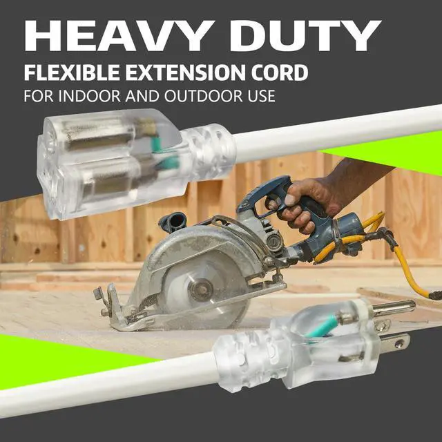 Alt view image 7 of 7 - Indoor Outdoor Extension Cord, 12 Gauge 3 Prong Weatherproof Heavy Duty White Extension Cord with Lighted Indicator EndSJTW 15A 25FT Extension Cable for Garage, Garden and Home, UL Listed